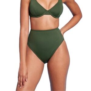 Shade & Shore Dark Green Ribbed High Waist & Leg Bikini Swim Bottom NWT match